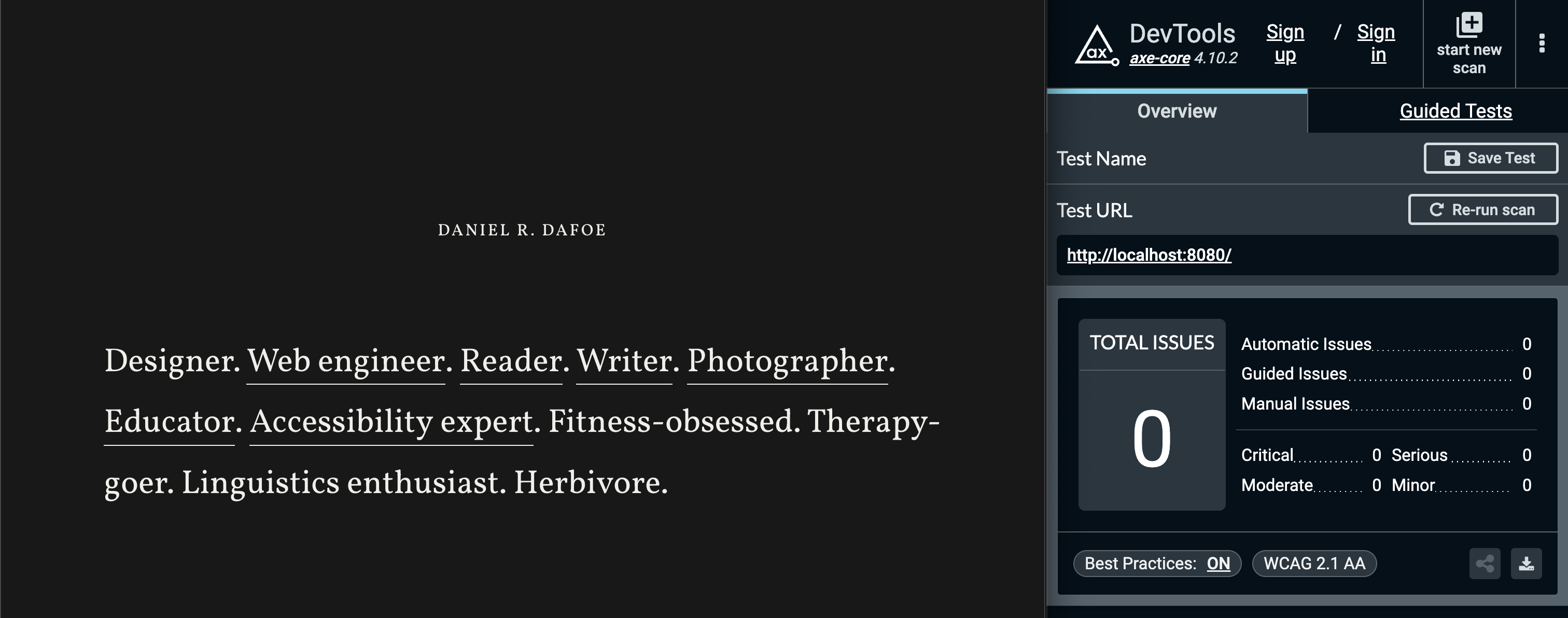 Browser window with danieldafoe.com landing page next to Brave dev tools, axe scan reporting 0 issues found
